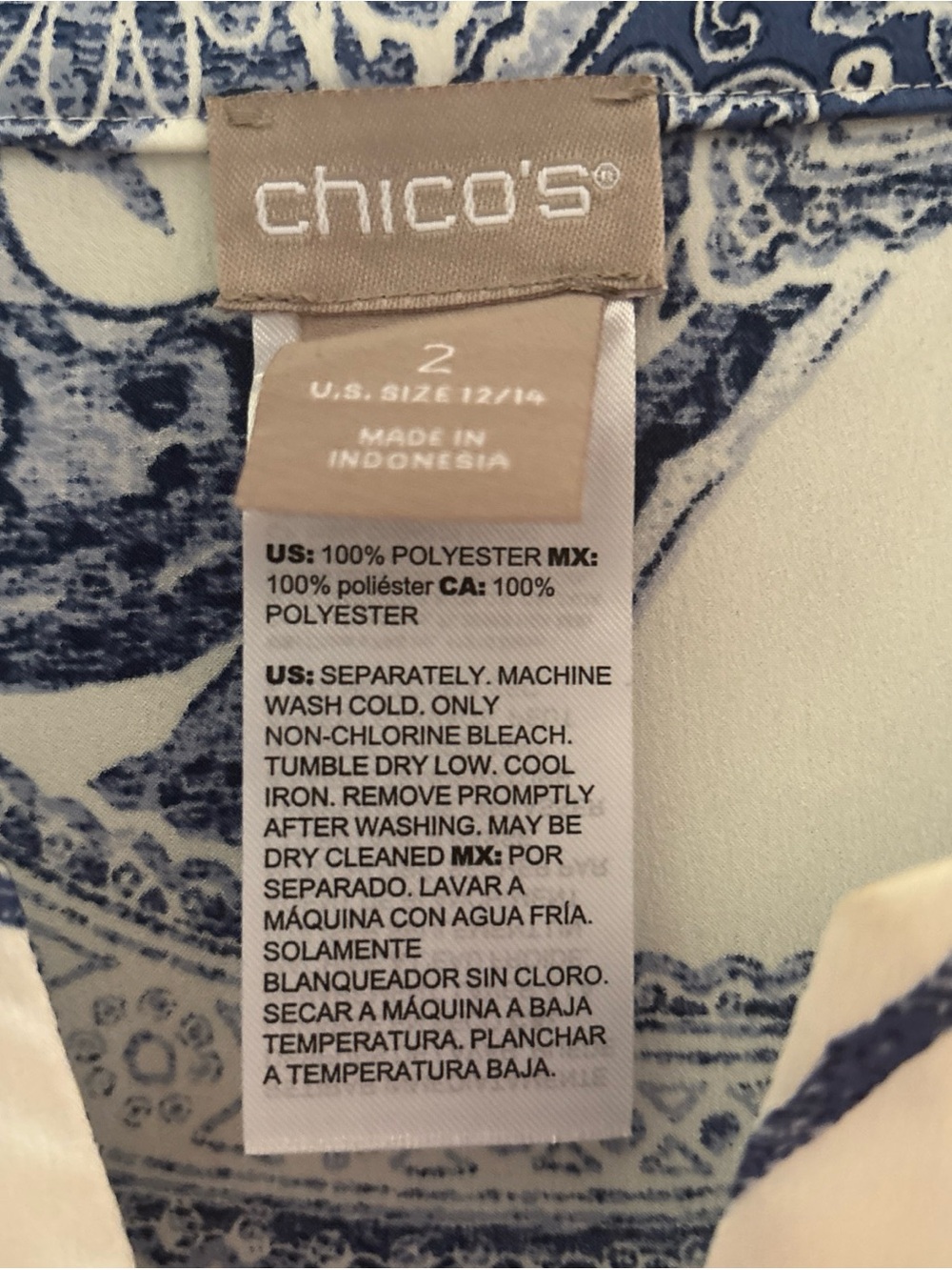 Chico's 2 (L) White/Blue Paisley V-Neck Kimono Sleeves Tie Hem Blouse Coastal - Picture 3 of 10